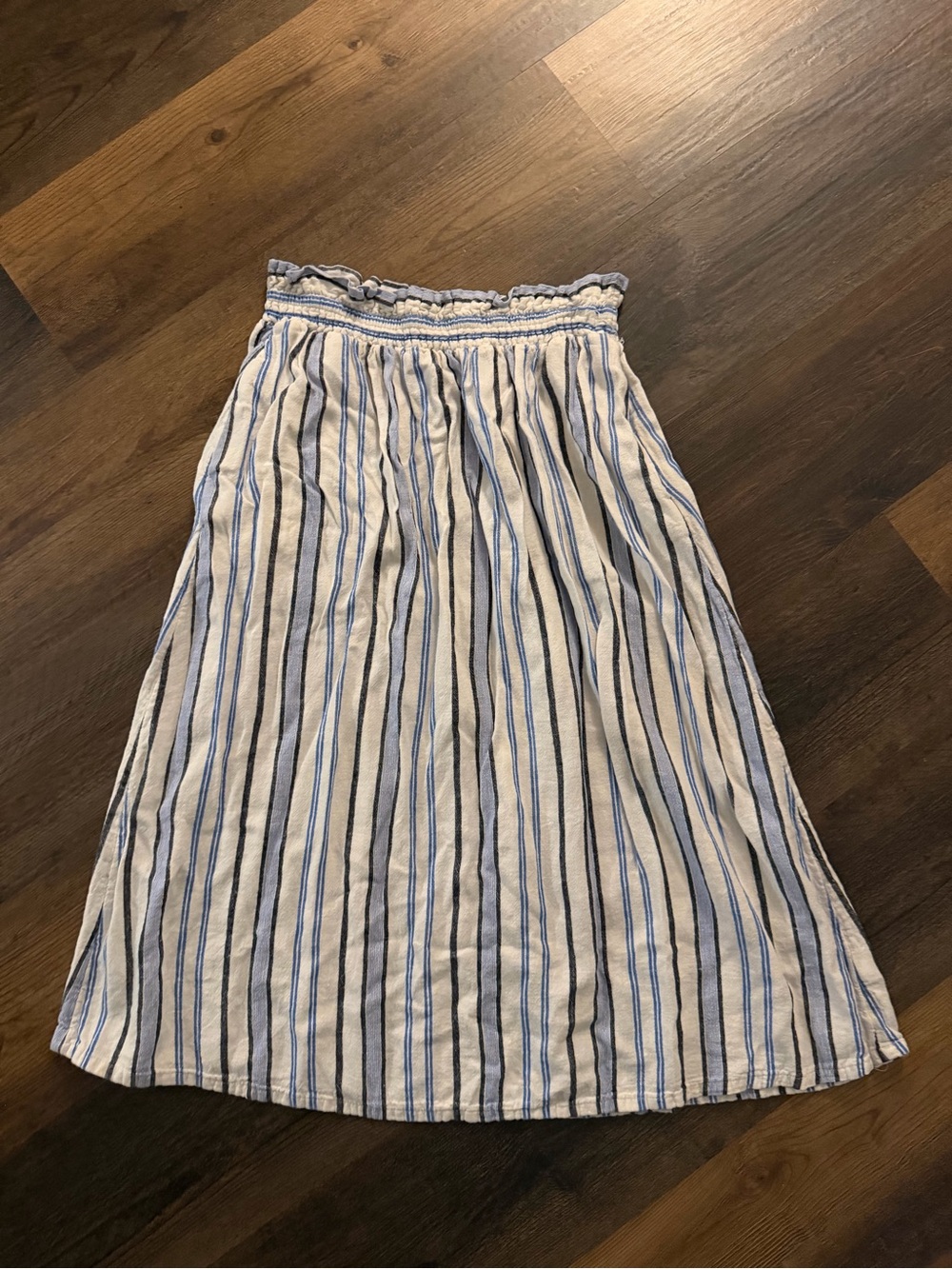 a new day Blue and White Striped Smocked Midi Skirt
